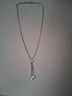 Silvertone Rhinestone Pearl Y Drop Necklace